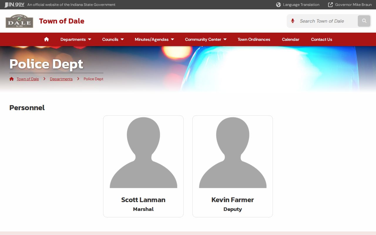 Dale Police Department arrest-record contact page in Spencer County