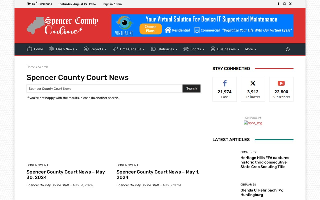 Spencer County Online court news search page