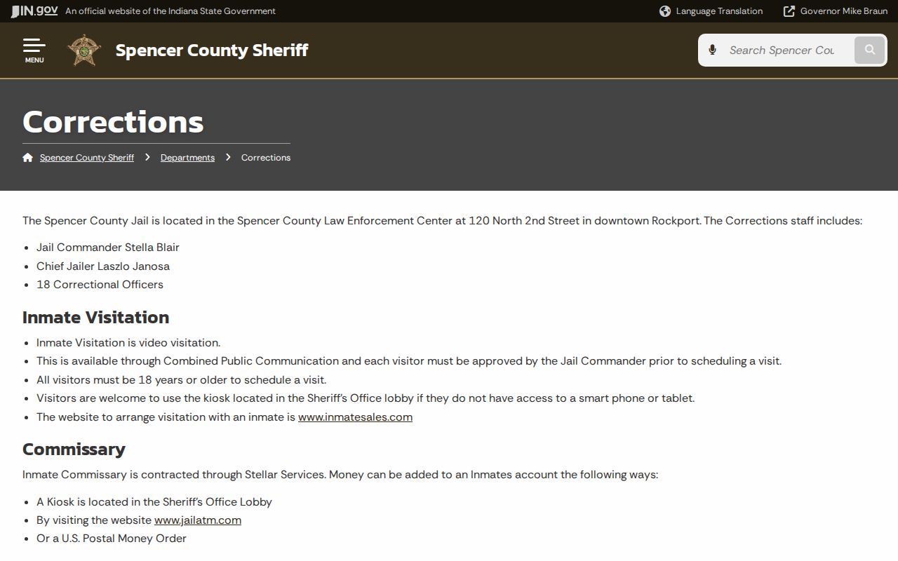 Spencer County Sheriff's official corrections information page